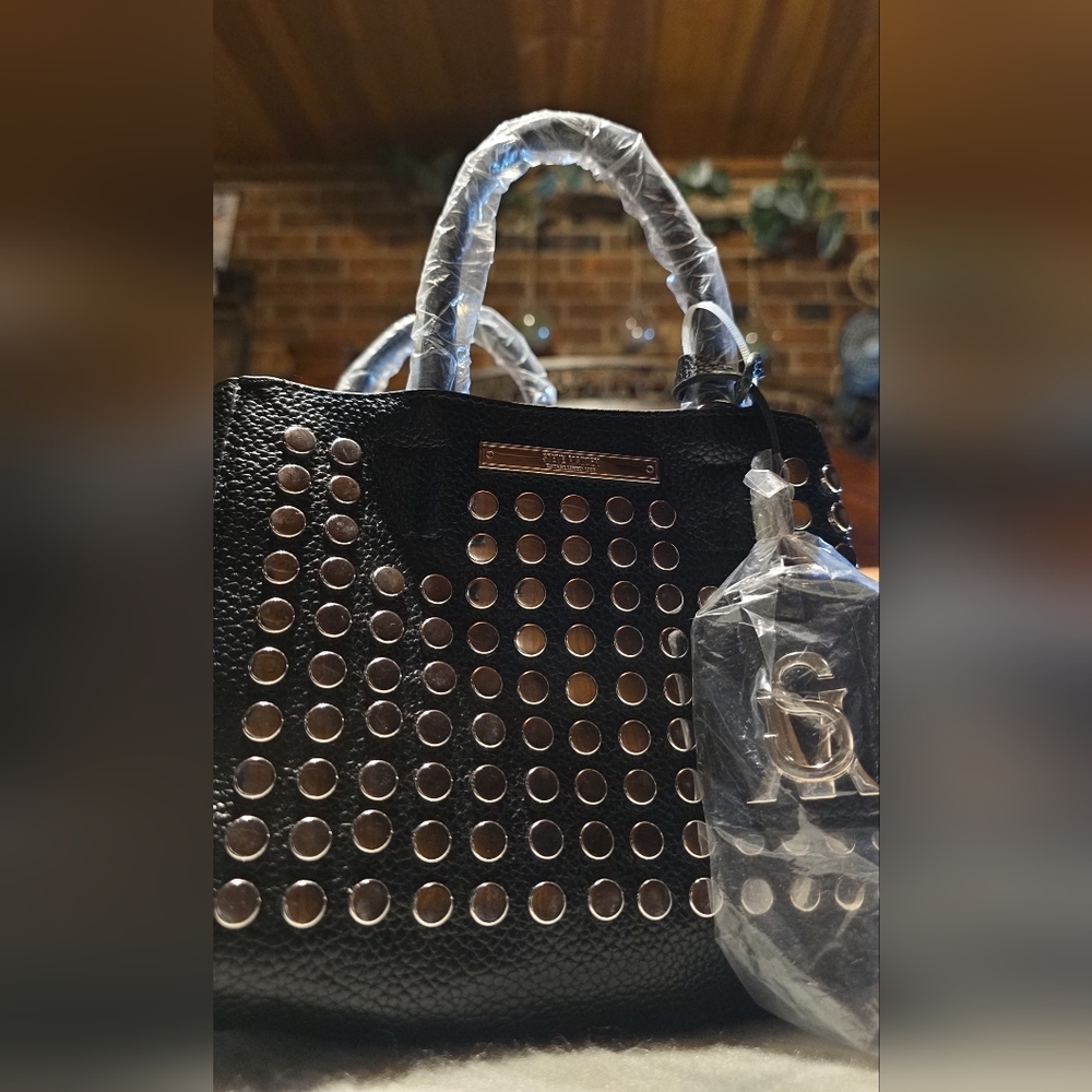Steve Madden bevelyn black Satchel with silver studs NWT